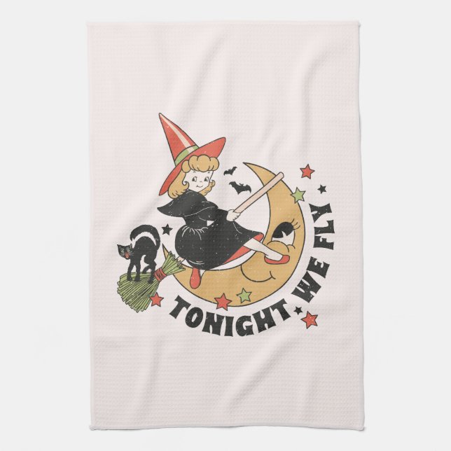 Tonight We Fly – Cute Witch and Black Cat Kitchen Towel (Vertical)