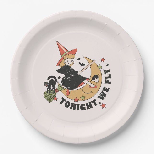 Tonight We Fly – Cute Witch and Black Cat Paper Plate (Front)