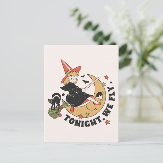 Tonight We Fly – Cute Witch and Black Cat Postcard (Standing Front)