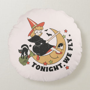 Tonight We Fly – Cute Witch and Black Cat Round Pillow