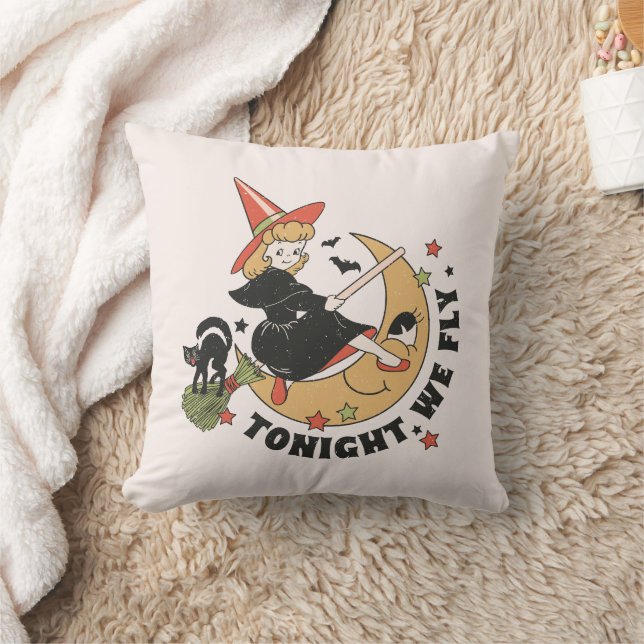 Tonight We Fly – Cute Witch and Black Cat Throw Pillow (Blanket)