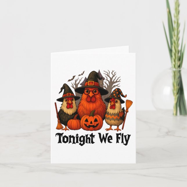Tonight We Fly Funny Halloween Chicken Witch Broom Card (Front)