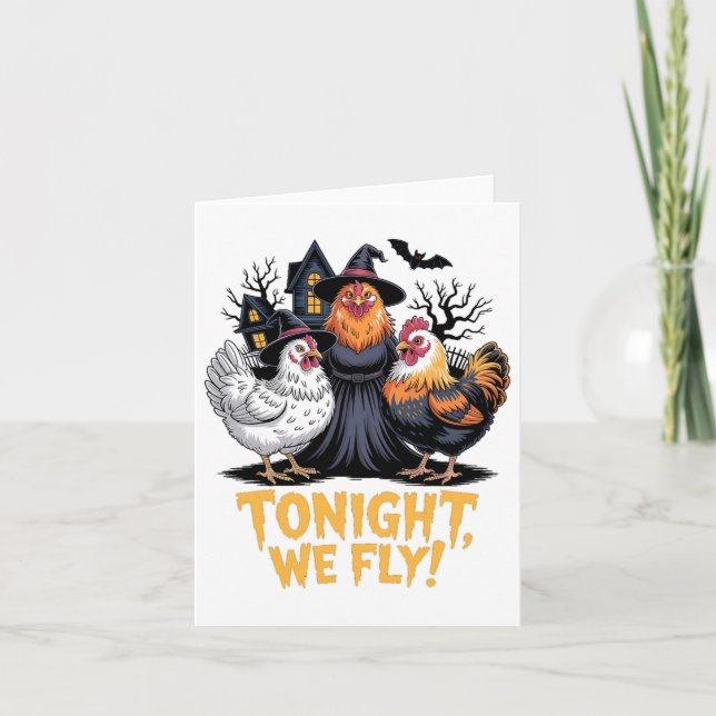 Tonight We Fly Funny Halloween Witch Chickens Spoo Card (Front)