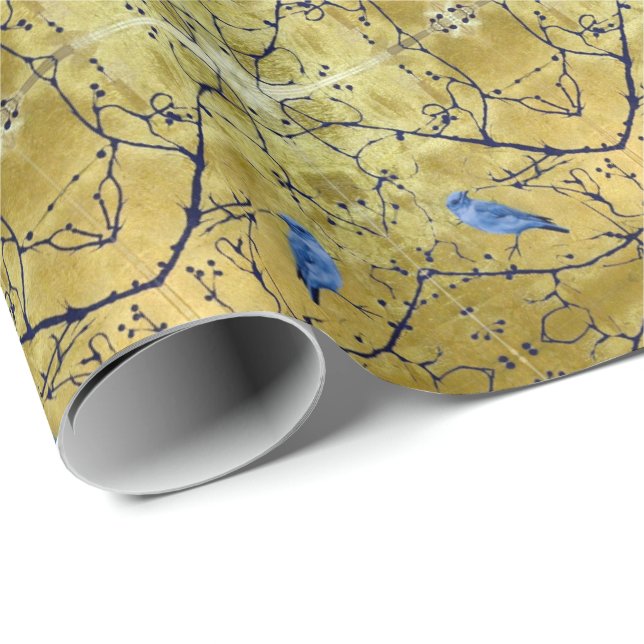 Tonkinson - Papier cadeau bleu oiseau ii doré (Coin rond)