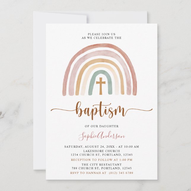Tons Mués Boho Rainbow Baptism Invitation (Devant)