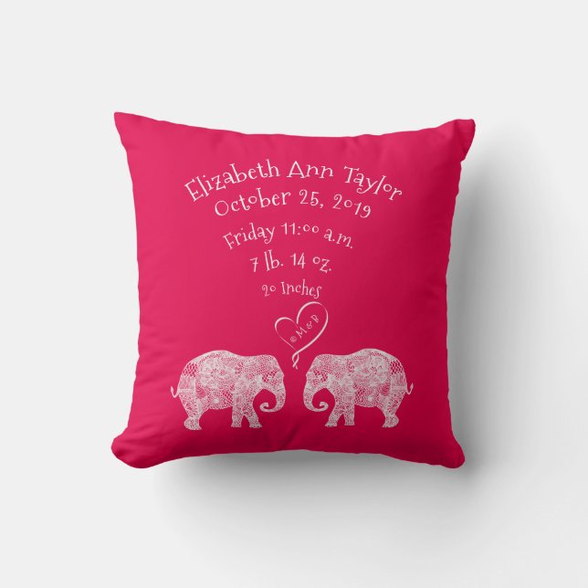 Tons of Love Baby Girl Birth Record Stats Elephant Throw Pillow (Front)