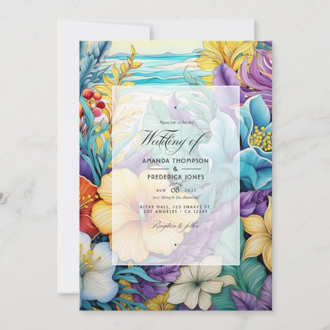 Tons Plage Floral Faire-part de mariage d'été (Devant)