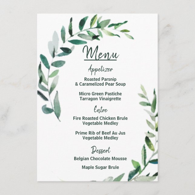 Tons verts - Carte de menu Mariage (Devant)