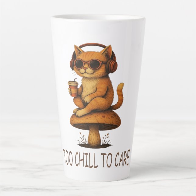 Too Chill to Care – Lo-Fi Cat on Mushroom  Latte Mug (Front)