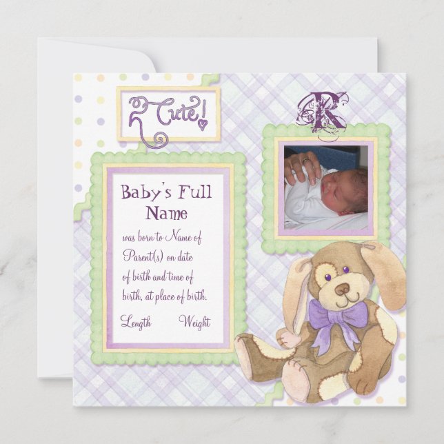 Too Cute Puppy, Monogrammed Baby Announcement (Front)
