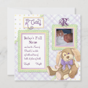 Too Cute Puppy, Monogrammed Baby Announcement