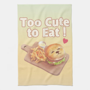 Too Cute to Eat: Smiling Bichon Burger Art Kitchen Towel