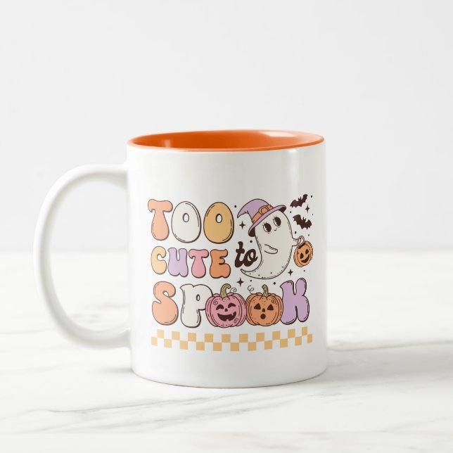 Too Cute To Spook Cute Ghost Retro Halloween Two-Tone Coffee Mug (Left)
