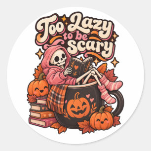 Too Lazy To Be Scary Cute Halloween Skeleton Classic Round Sticker