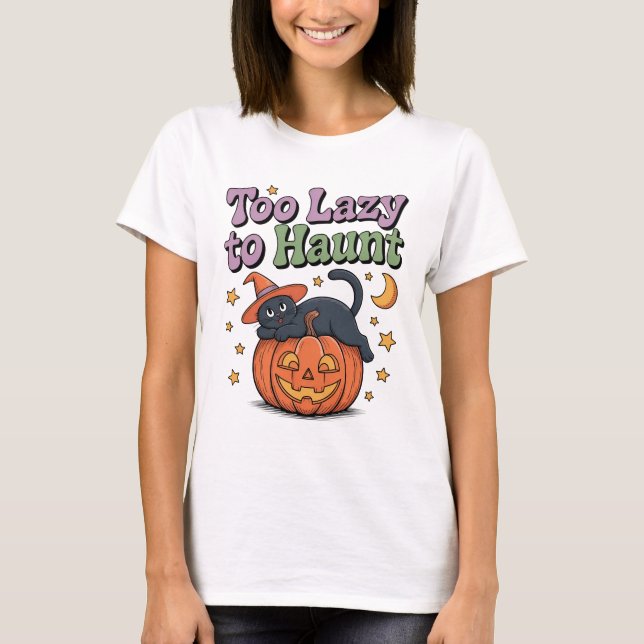 Too Lazy to Haunt T-Shirt – Kawaii Cat on Pumpkin (Front)