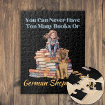 Too Many Books German Shepherd Jigsaw Puzzle<br><div class="desc">Our "You Can Never Have Too Many Books Or German Shepherds" design features a girl sitting on a stack of books and reading another book in her lap. A German Shepherd patiently waits by her side. Our design is perfect if you're an avid reader and love German Shepherds. Order yours...</div>