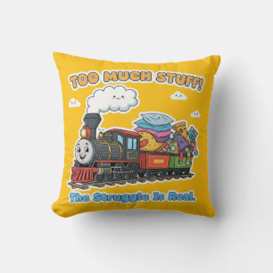 "Too Much Stuff!" Whimsical Steam Engine Train Throw Pillow