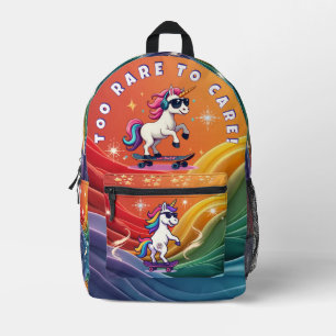 Too Rare to Care - Cool Unicorn Skateboard Printed Backpack