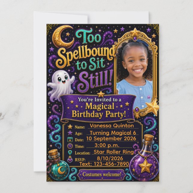 “Too Spellbound to Sit Still!” Personalized Photo  Invitation (Front)