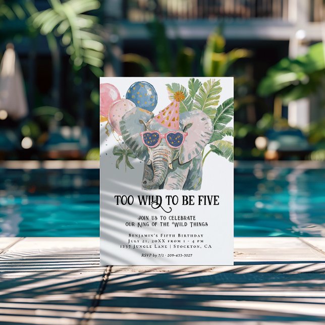 Too Wild to Be Five Elephant Jungle Birthday Invitation (Creator Uploaded)