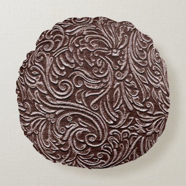 Tooled Leather Dark Brown Chocolate Rustic Look Round Pillow (Front)