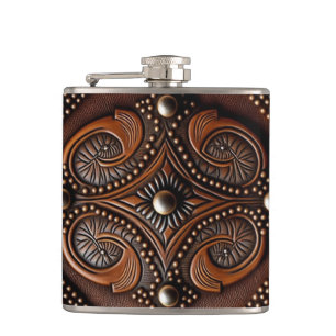 Tooled Leather Design Hip Flask