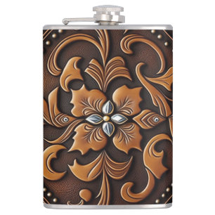 Tooled Leather Design Hip Flask
