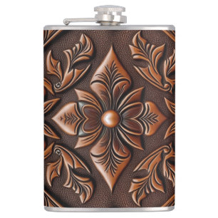 Tooled Leather Design Hip Flask
