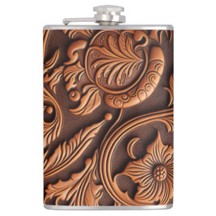 Tooled Leather Design Hip Flask