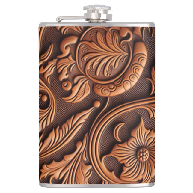 Tooled Leather Design Hip Flask (Front)