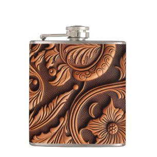 Tooled Leather Design Hip Flask
