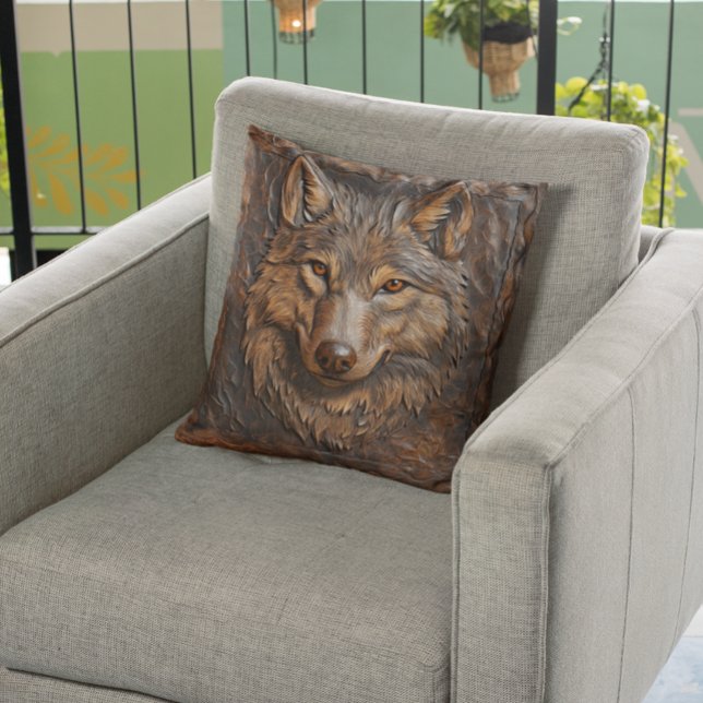 Tooled Leather Look Wolf Portrait  Throw Pillow (Creator Uploaded)
