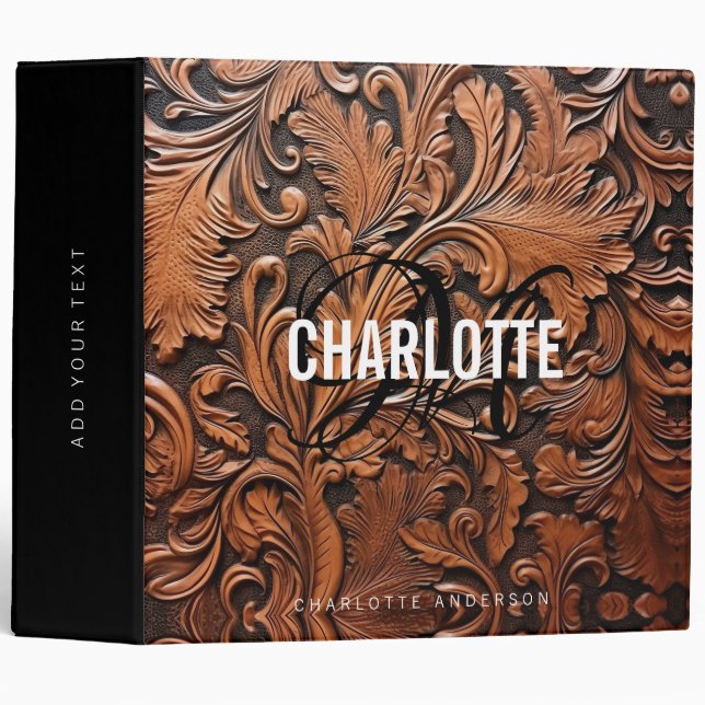 Tooled leather monogram female name binder (Front/Spine)