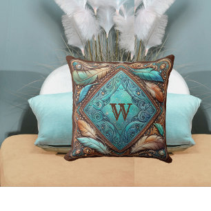 Tooled Leather Print Feathers Custom Initial Throw Pillow