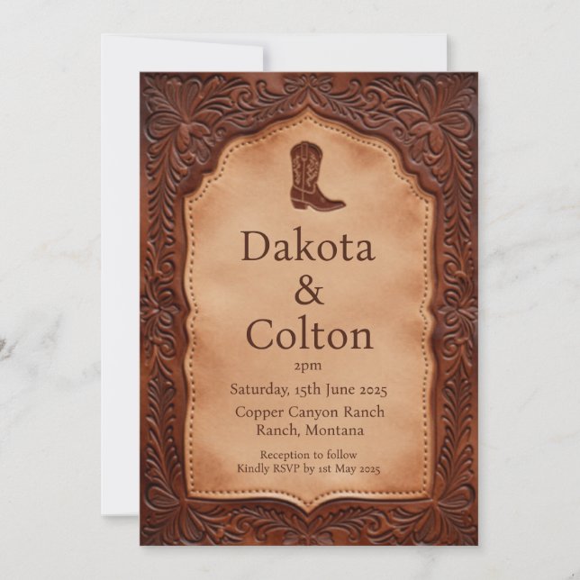 Tooled Leather Western | Country Ranch Wedding Invitation (Front)