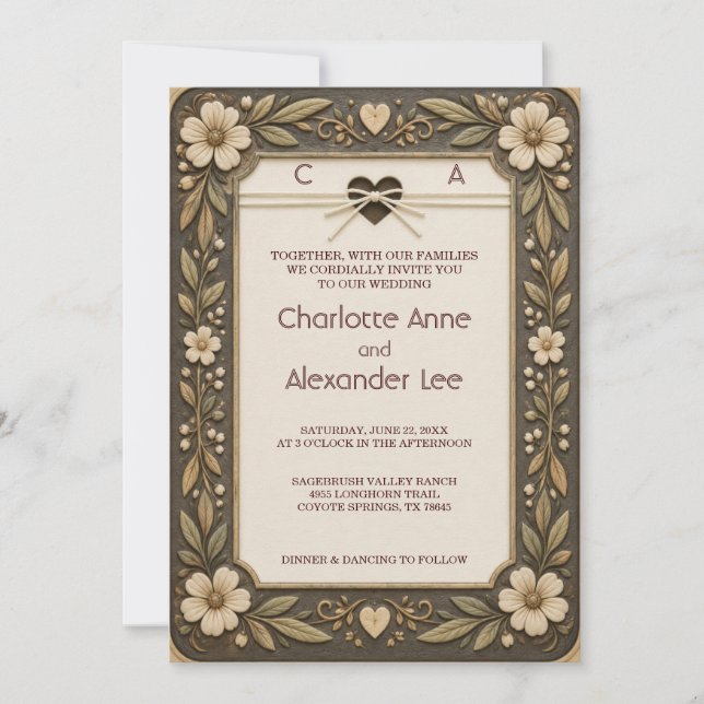 Tooled Leather Western Sweethearts Wedding Invitat Invitation (Front)