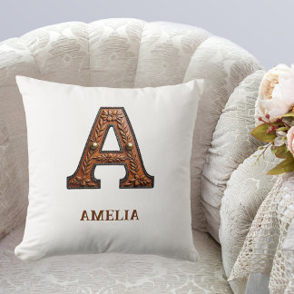 Tooled Western Leather Initial Monogram A Throw Pillow