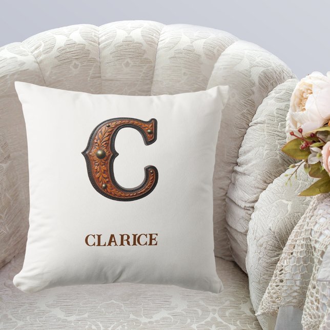 Tooled Western Leather Initial Monogram C Throw Pillow (Creator Uploaded)