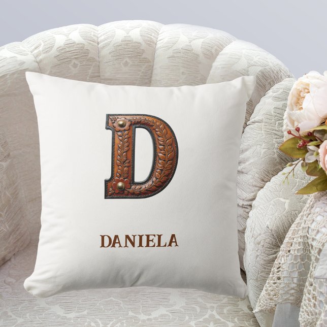 Tooled Western Leather Initial Monogram D Throw Pillow (Creator Uploaded)