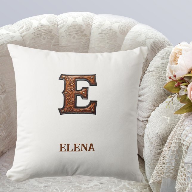 Tooled Western Leather Initial Monogram E Throw Pillow (Creator Uploaded)