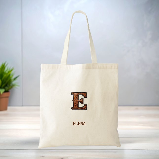Tooled Western Leather Initial Monogram E Tote Bag (Creator Uploaded)