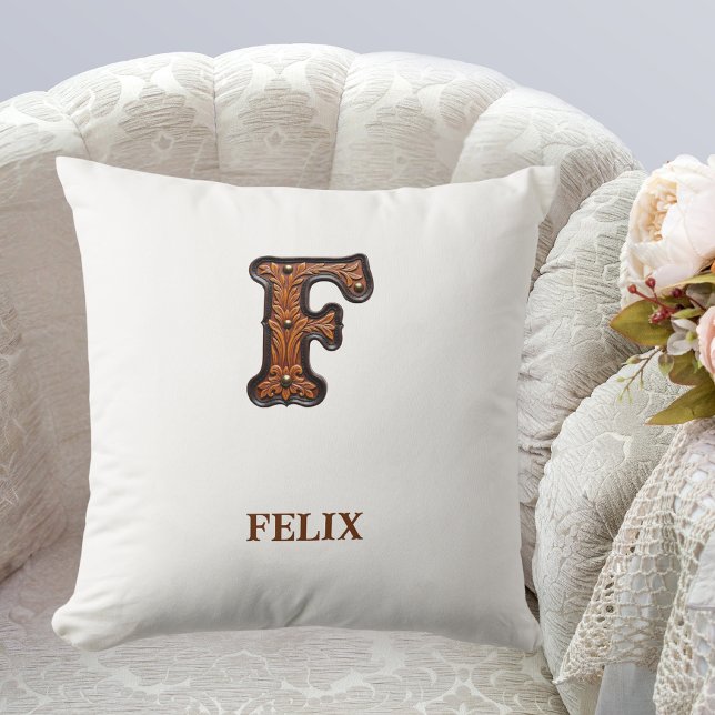 Tooled Western Leather Initial Monogram F Throw Pillow (Creator Uploaded)