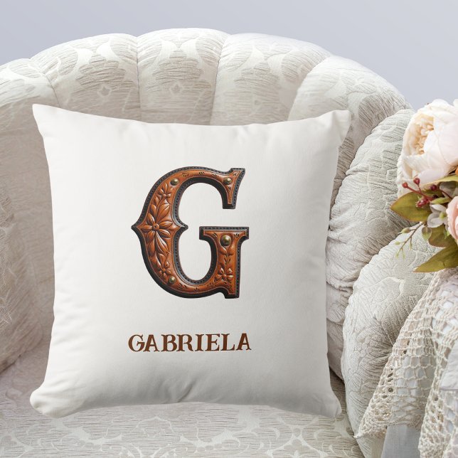 Tooled Western Leather Initial Monogram G Throw Pillow (Creator Uploaded)