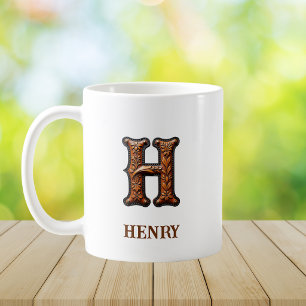 Tooled Western Leather Initial Monogram H Coffee Mug
