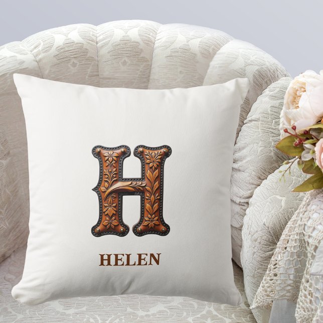 Tooled Western Leather Initial Monogram H Throw Pillow (Creator Uploaded)