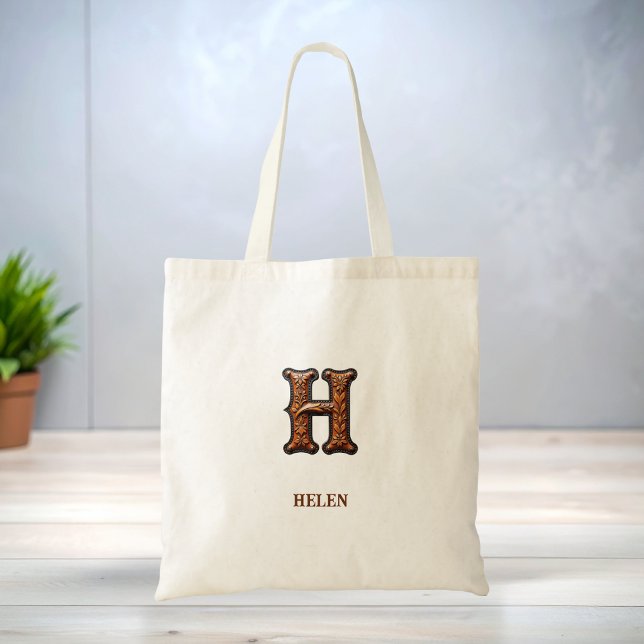 Tooled Western Leather Initial Monogram H Tote Bag (Creator Uploaded)