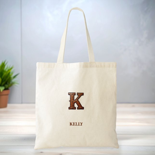 Tooled Western Leather Initial Monogram K Tote Bag (Creator Uploaded)
