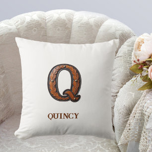 Tooled Western Leather Initial Monogram Q Throw Pillow