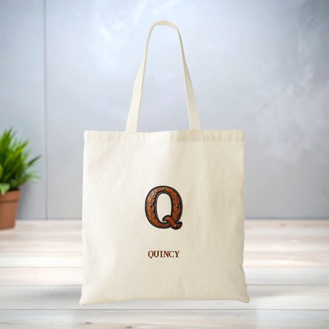 Tooled Western Leather Initial Monogram Q Tote Bag (Creator Uploaded)