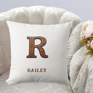 Tooled Western Leather Initial Monogram R Throw Pillow